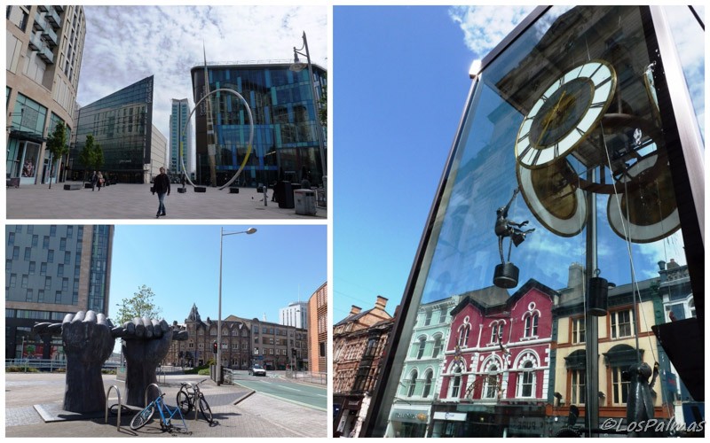 reloj, biblioteca y manos en Cardiff
