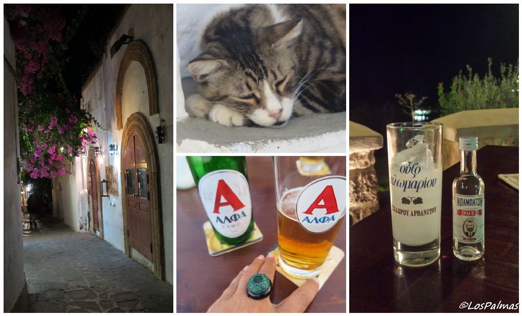 Lindos Rodas Grecia beer, ouzo, cat