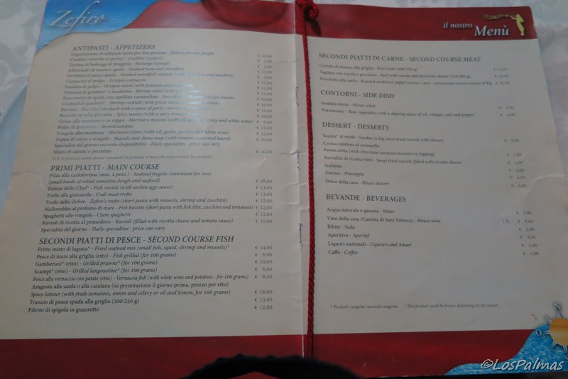 Zefiro Sardinia list menu